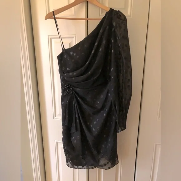 david meister one shoulder dress David Meister Beaded One Shoulder Slit Sleeve Gown
